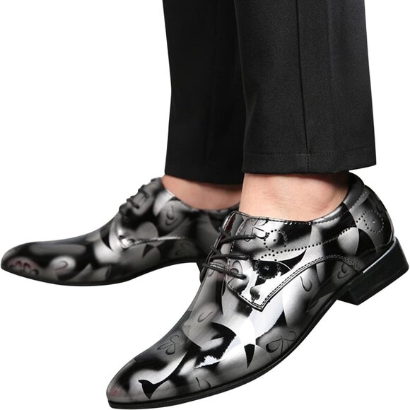 Santimon Mens US 9.5, 12 Grey Floral Patent Leather Pointed Toe Oxford Shoes - Picture 1 of 8